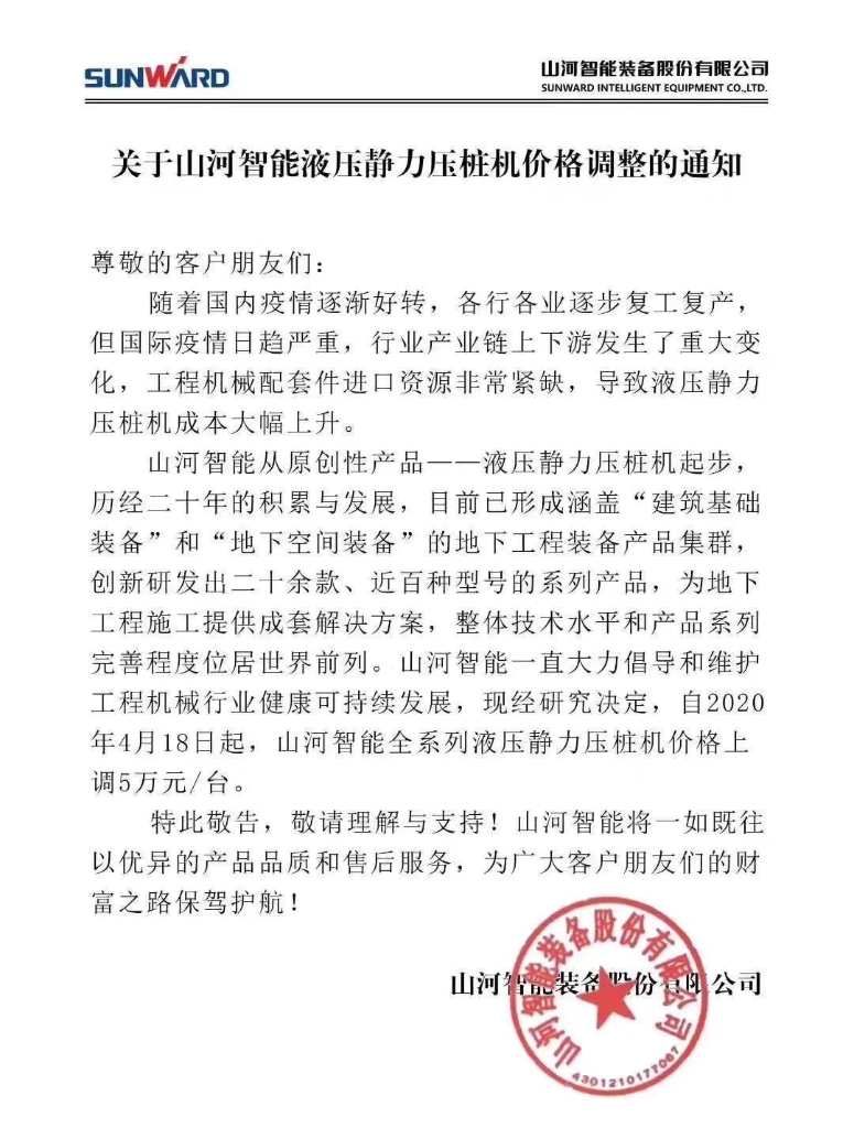 关于9888拉斯维加斯官网智能液压静力压桩机价格调整的通知